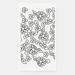 Serviette En Papier Dessin floral simple noir et blanc