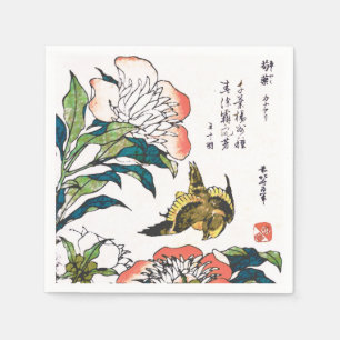 Serviette En Papier Dessin japonais vintage, pivoines et moineau