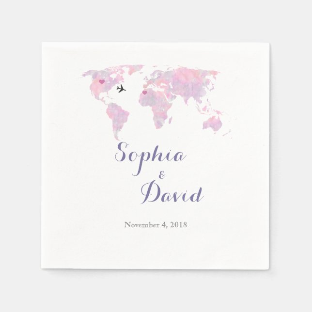 Serviette En Papier Destination Mariage Voyage Aquarelle Carte du mond (Devant)
