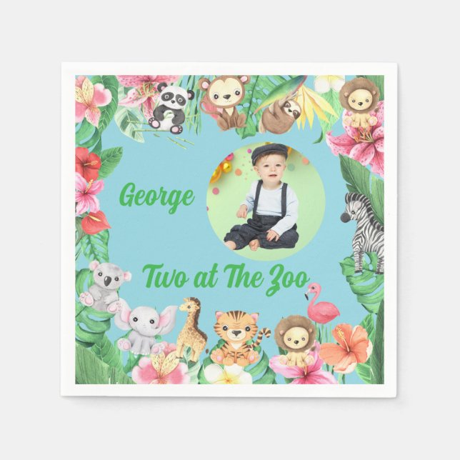 Serviette En Papier Deux au Zoo Jungle Safari Photo Anniversaire (Devant)