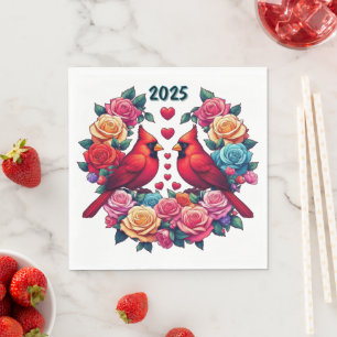 Serviette En Papier Deux cardinaux aux Roses et aux coeurs colorés
