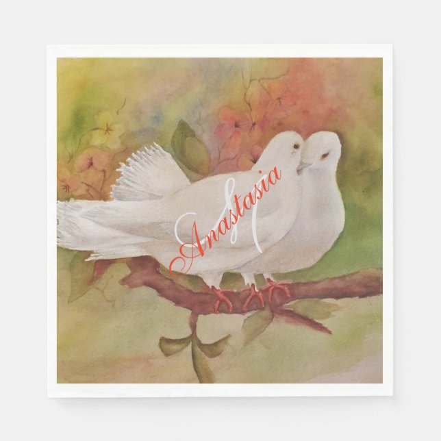 SERVIETTE EN PAPIER DEUX DOVES BLANCHES PARTI MONOGRAMME (Devant)