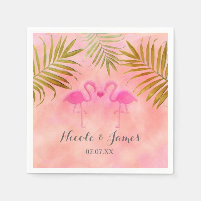Serviette En Papier Deux Flamants roses roses Aquarelle Plage Mariage  (Devant)