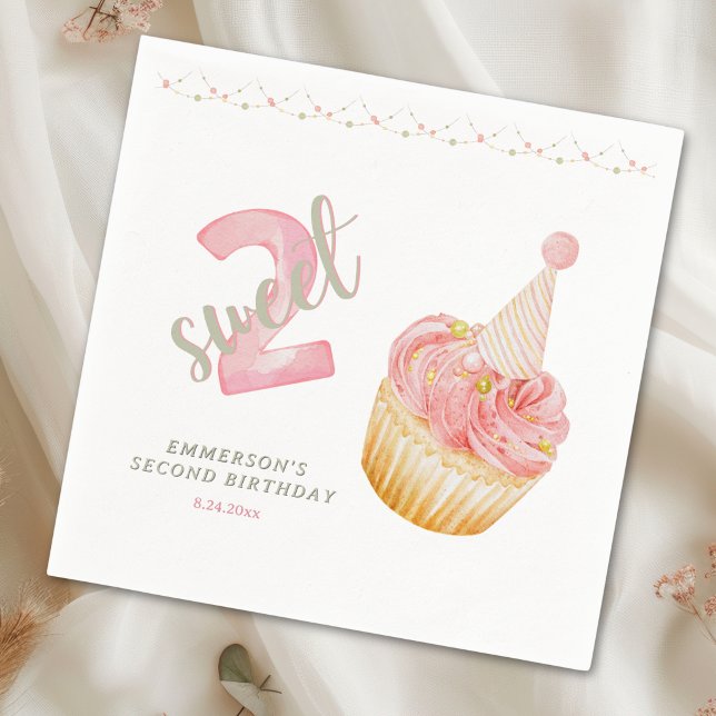 Serviette En Papier Deux gâteaux mignons pour un 2ème anniversaire  (Two Sweet Cute Cupcake 2nd Birthday Napkins
)