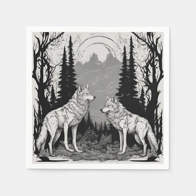 SERVIETTE EN PAPIER DEUX LOUP MAGICAINS BLANCS LA NUIT (Devant)