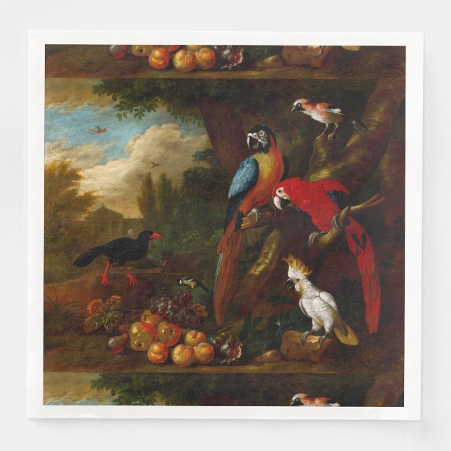 Serviette En Papier Deux Macaws un Cockatoo et une Jay aux fruits (Devant)