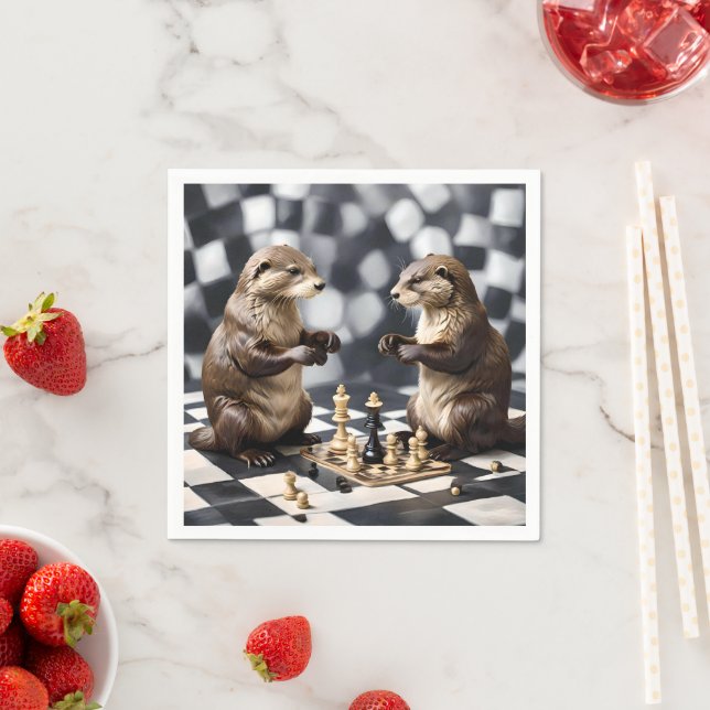 Serviette En Papier Deux Otters Jouant Aux Échecs, (En situation)
