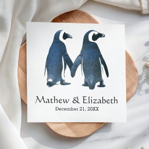 Serviette En Papier Deux pingouins mignons   Mariage romantique