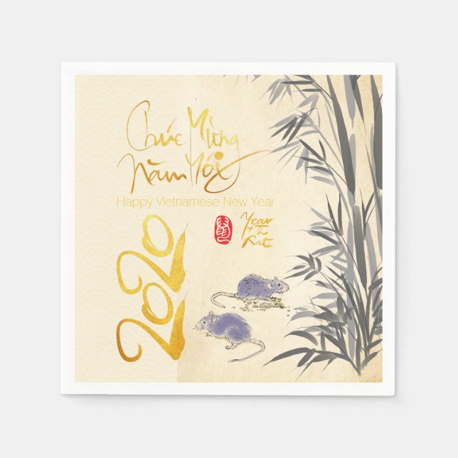 Serviette En Papier Deux Rats Bambou Nouvel An Vietnamien 2020 Parti P (Devant)