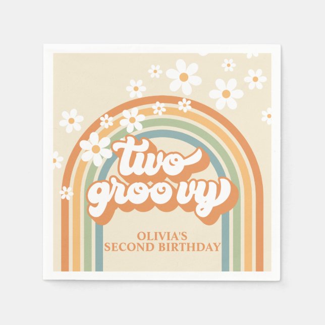 Serviette En Papier Deux Super Retro Rainbow Daisy Anniversaire (Devant)