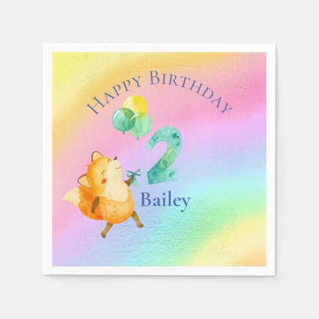 Serviette En Papier Deuxième anniversaire Nom personnalisé Rainbow Bal (Devant)