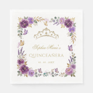 Serviette En Papier Diadème Papillon Floral Violet Or Quinceañera