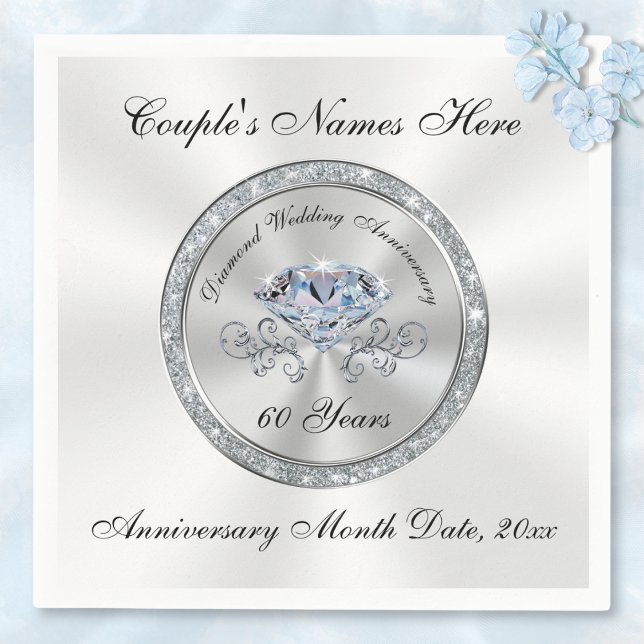 Serviette En Papier Diamant, 60e Anniversaire serviettes personnalisée (60th Anniversary Napkins. Personalised Diamond Anniversary Party Supplies. 60th wedding anniversary.)
