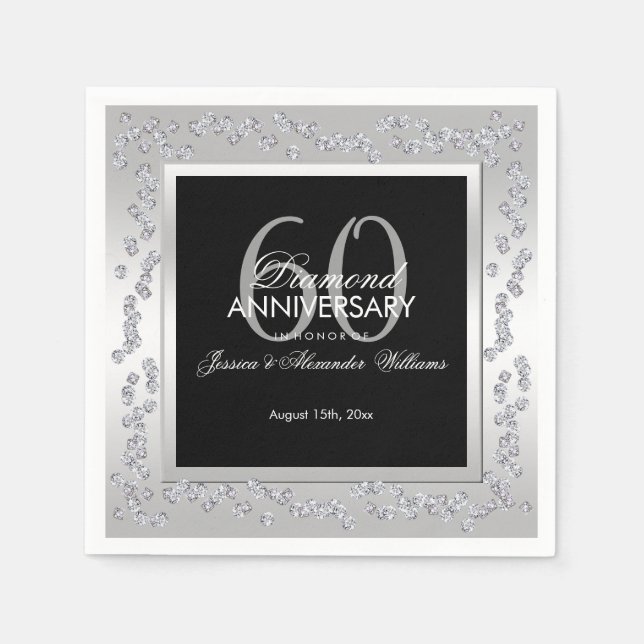 Serviette En Papier Diamants élégants Argent 60e anniversaire Mariage (Devant)