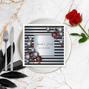 Serviette En Papier Diamants et rubis sur bandes noires et argentées