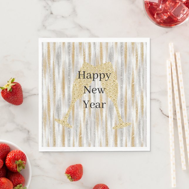 Serviette En Papier Diamond Champagne Glass Happy New Year Silver Gold (En situation)