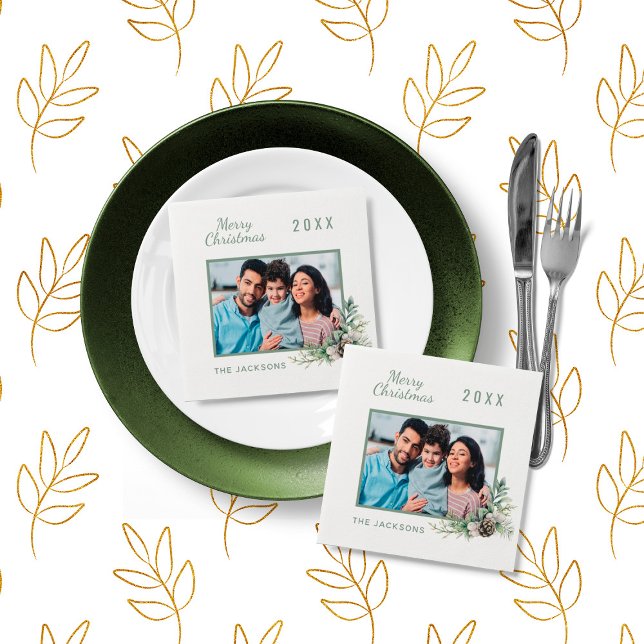 Serviette En Papier Dîner de Noël blanc cône pin nom photo (Créateur téléchargé)