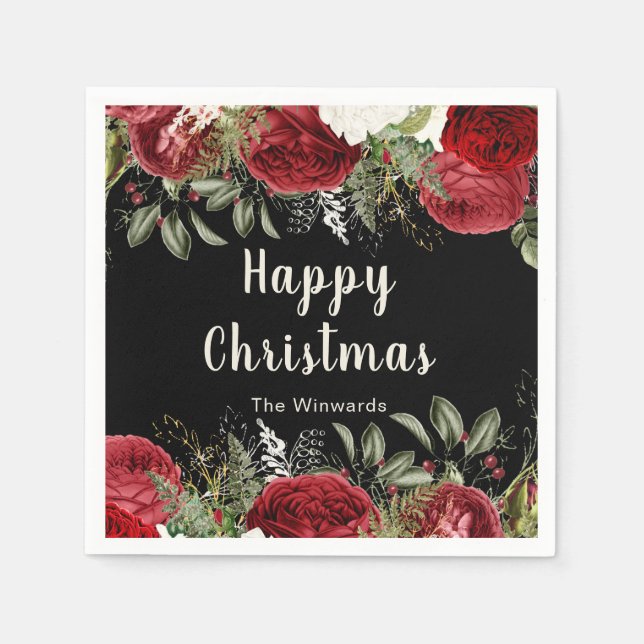 Serviette En Papier Dîner de Noël élégant Fleurs Rouges (Devant)