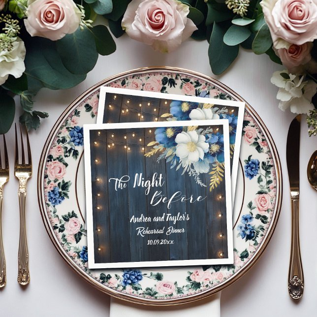 Serviette En Papier Dîner de répétition Rustique Bleu Blanc Floral (Créateur téléchargé)