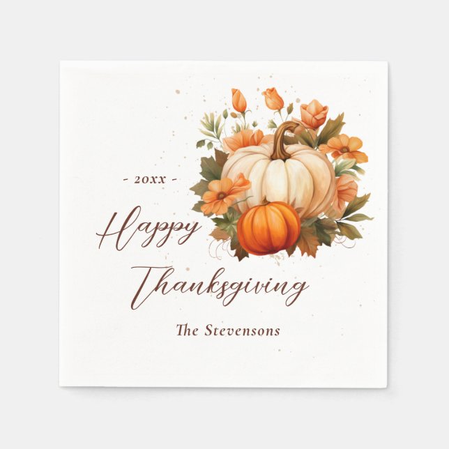 Serviette En Papier Dîner de Thanksgiving Citrouille Floral Script Rus (Devant)