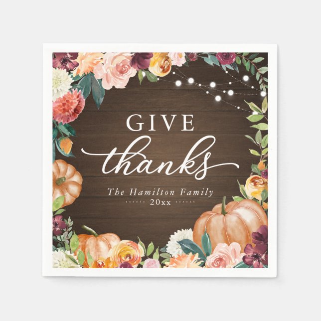 Serviette En Papier Dîner de Thanksgiving Fleurs de l'automne rustique (Devant)