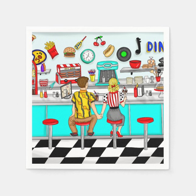 Serviette En Papier Diner des années 50 | Mains de retenue de couple (Devant)