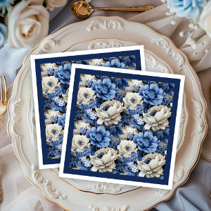 Serviette En Papier Dîner Élégant Fleurs Ivoire Bleu Marine Luxe