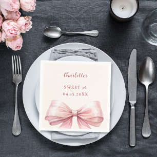 Serviette En Papier Dîner en ivoire avec un nœud rose pour Sweet 16