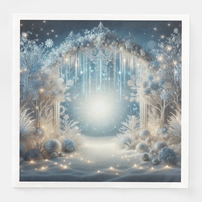 Serviette En Papier Dîner Mariage de forêt de neige brillant (Devant)