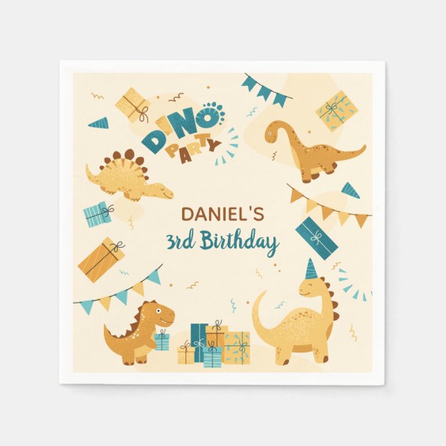 Serviette En Papier Dino Party. Cute Dinosaures 3e anniversaire (Devant)