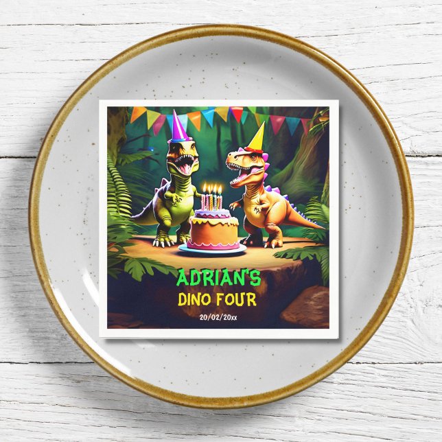 Serviette En Papier Dino quatre dinosaures anniversaire modèle de vais (Dino four dinosaur birthday party tableware template napkins personalized name t-rex napkins)