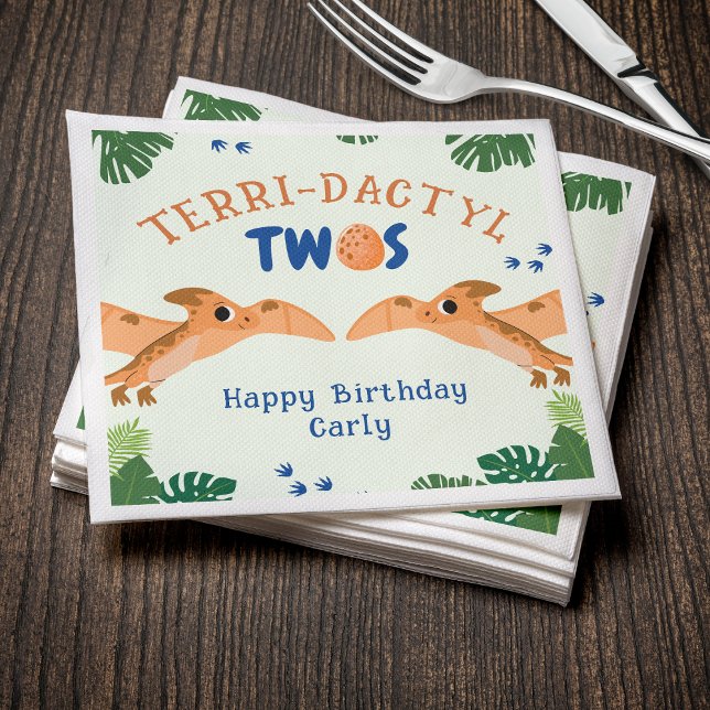Serviette En Papier Dinosaur 2e anniversaire Funny Green Pterodactyle (Dinosaur 2nd Birthday Funny Green Pterodactyl Napkins
)