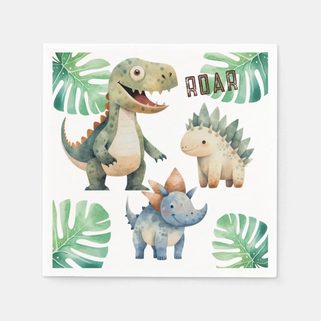 Serviette En Papier Dinosaur Anniversaire Papier Aquarelle Napkin (Devant)