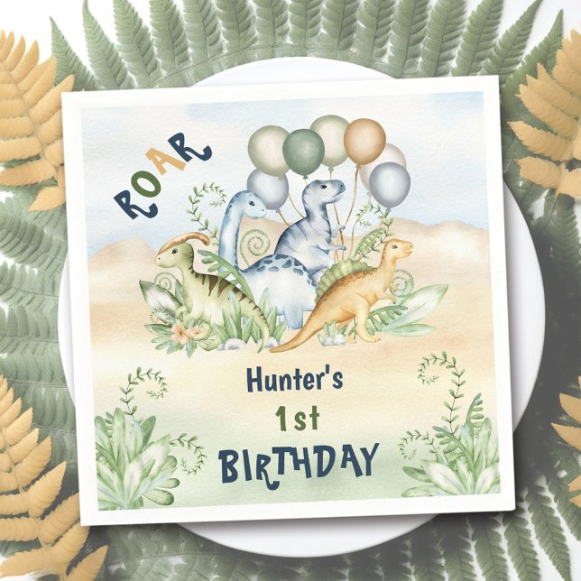 Serviette En Papier Dinosaur Boy Pastel Blue Green 1er anniversaire (Dinosaur Boy Pastel Blue Green 1st Birthday Napkins)
