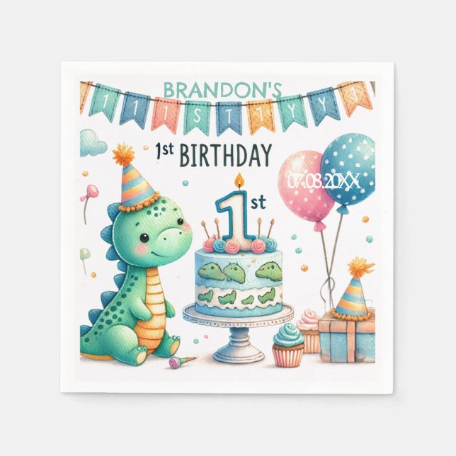 Serviette En Papier Dinosaur Dino 1ère fête d'anniversaire (Devant)