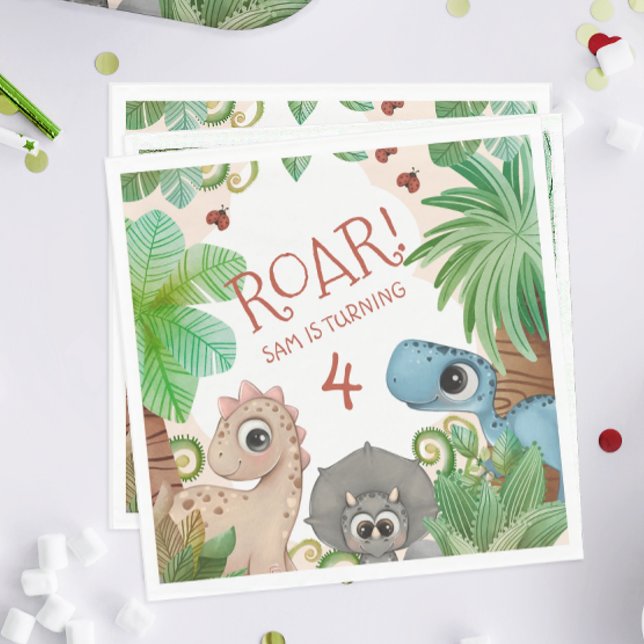 Serviette En Papier Dinosaur Enfants 4e anniversaire (Dinosaur Birthday Party Napkins)