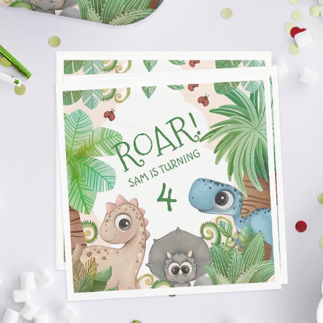 Serviette En Papier Dinosaur Enfants 4e anniversaire (Dinosaur 4th Birthday Party Napkins)
