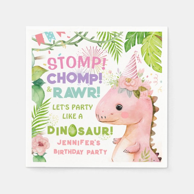 Serviette En Papier Dinosaur Filles rose Anniversaire Papier de fête N (Devant)