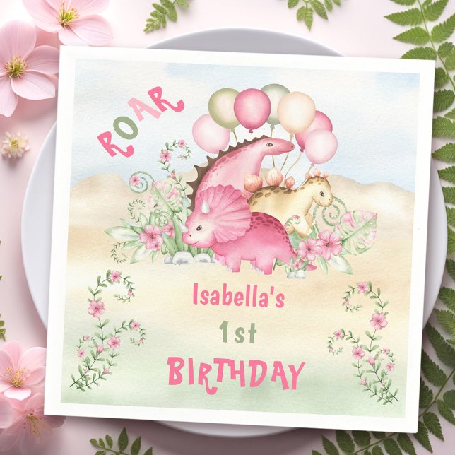 Serviette En Papier Dinosaur Girl Pink Pastel Cute Floral 1er Annivers (Dinosaur Girl Pink Pastel Cute Floral 1st Birthday Napkins)