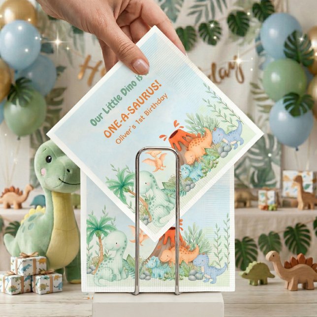Serviette En Papier Dinosaur One-A-Saurus 1er Anniversaire (One-A-Saurus Dinosaur 1st Birthday Paper Napkins)