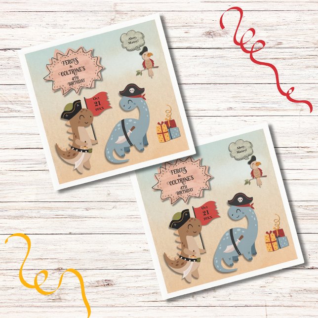 Serviette En Papier Dinosaur Pirate Anniversaire Fête Jumeaux Personna (Your twin boys will love this Dino Pirate birthday party theme with TRex & Brontosaurus as Pirates!)