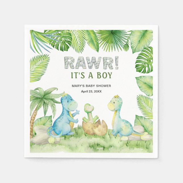 Serviette En Papier Dinosaur Rawr C'est un Baby shower garçon (Devant)