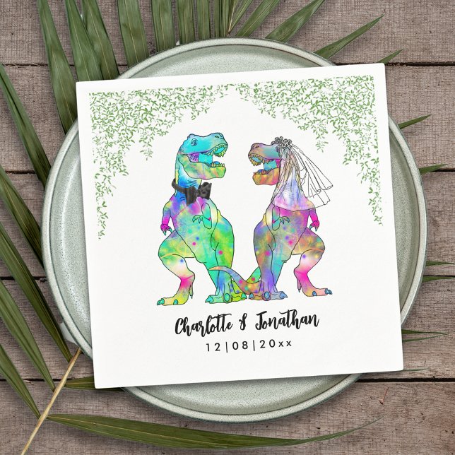 Serviette En Papier Dinosaur Thème Mariage (Colorful dinosaur themed wedding funny T-Rex bride and groom Jurassic jungle foliage custom napkin)