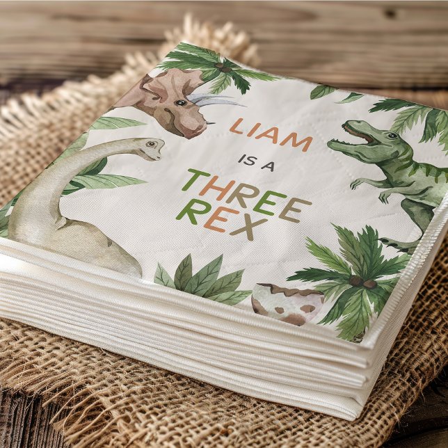 Serviette En Papier Dinosaure vert rustique Trois Rex 3e anniversaire (Three Rex Birthday Party Paper Napkin, Boys Dinosaur 3rd Birthday Paper Napkin, Dino 3rd Birthday)