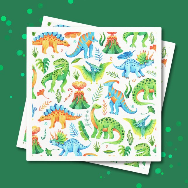 Serviette En Papier Dinosaures T rex, Stegosaurus, Brontosaurus Garçon (Watercolor Dinosaurs Green, Orange, Blue Napkins)