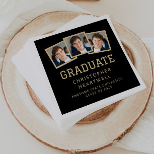 Serviette En Papier Diplômé 2025 3-Photos Noir et Or