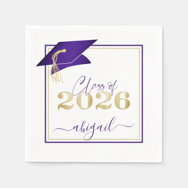 Serviette En Papier Diplômé 2025 Faux Métalisé Violet Or Script (Devant)