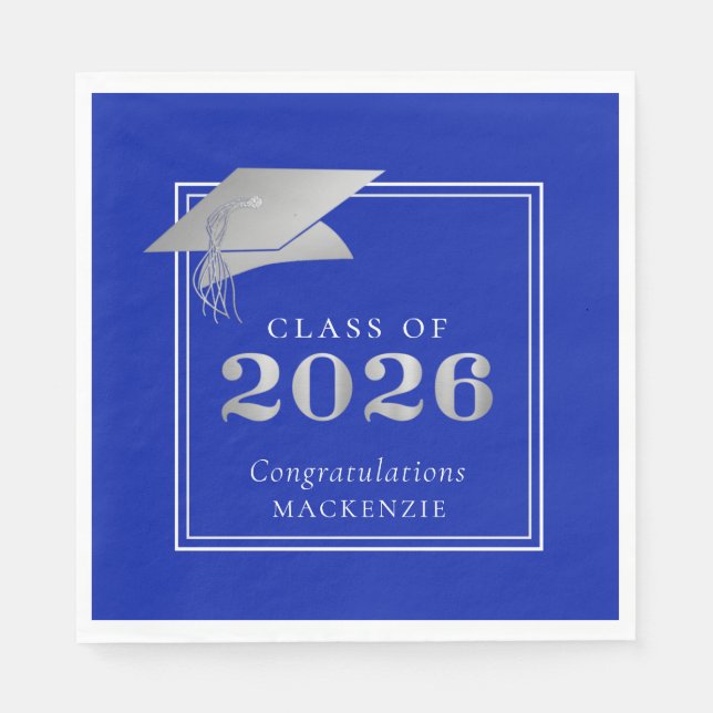 Serviette En Papier Diplômé 2026 Bleu Royal Faux Argent (Devant)
