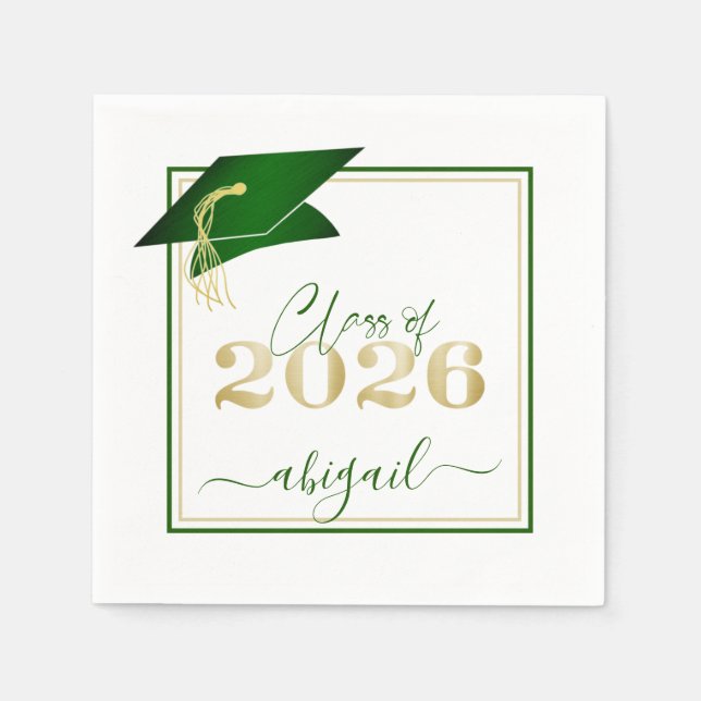 Serviette En Papier Diplômé 2026 Écriture dorée verte métallisée fauss (Devant)