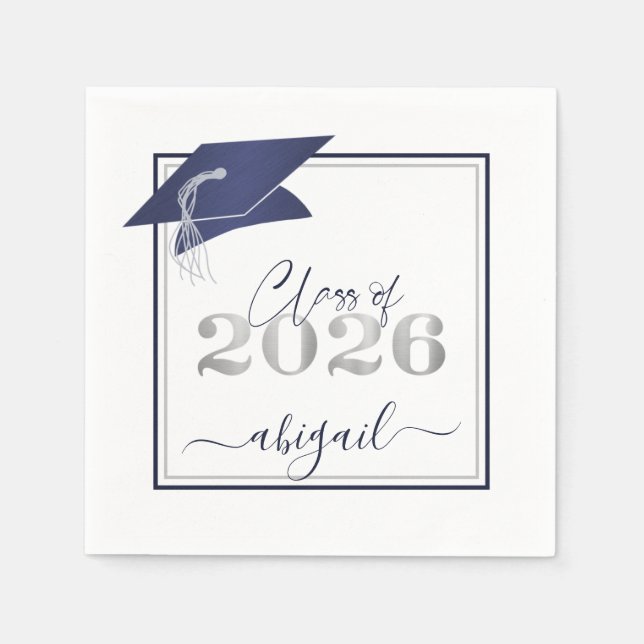 Serviette En Papier Diplômé 2026 Faux Métallisé Marine Argent Script (Devant)